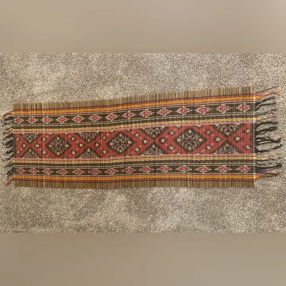Ethnic Straw Table Runner with Red Mustard Black White Design